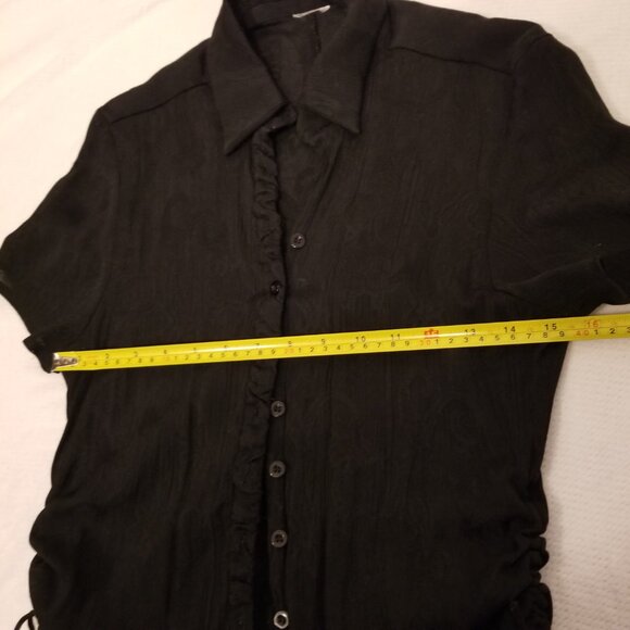 Vintage Sheer Textured Paisley Jacquard Cropped Black Button up Rouched Shirt - Picture 10 of 10